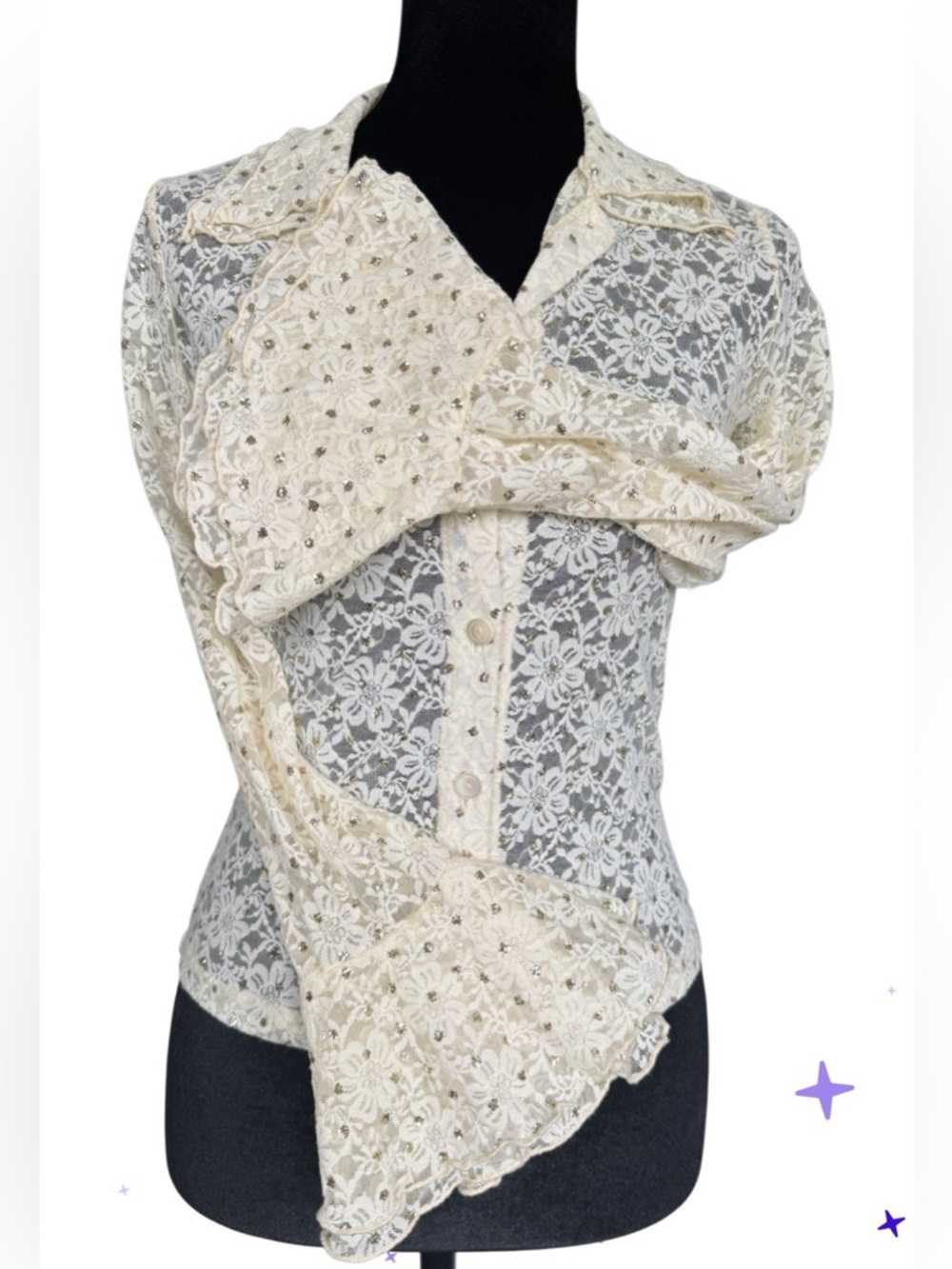 Papaya Cream Lace Button-Front Blouse